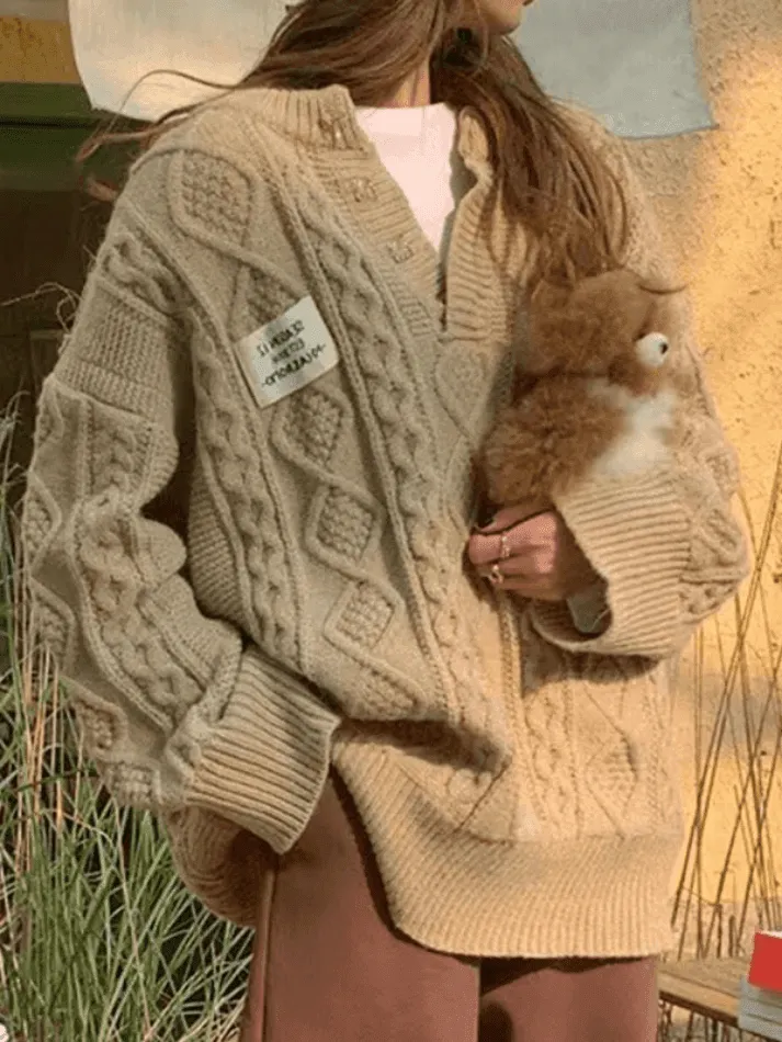 Joskaa Oversized V Neck Cable Knit Sweater