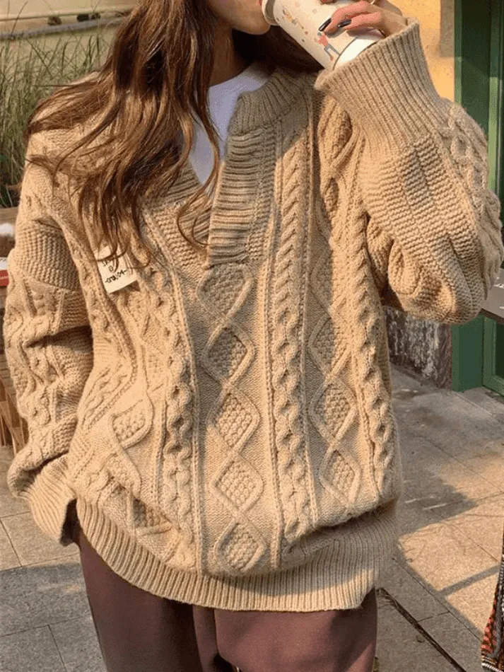 Joskaa Oversized V Neck Cable Knit Sweater