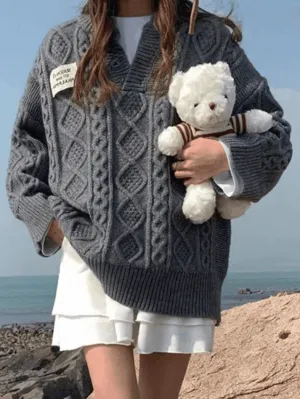 Joskaa Oversized V Neck Cable Knit Sweater