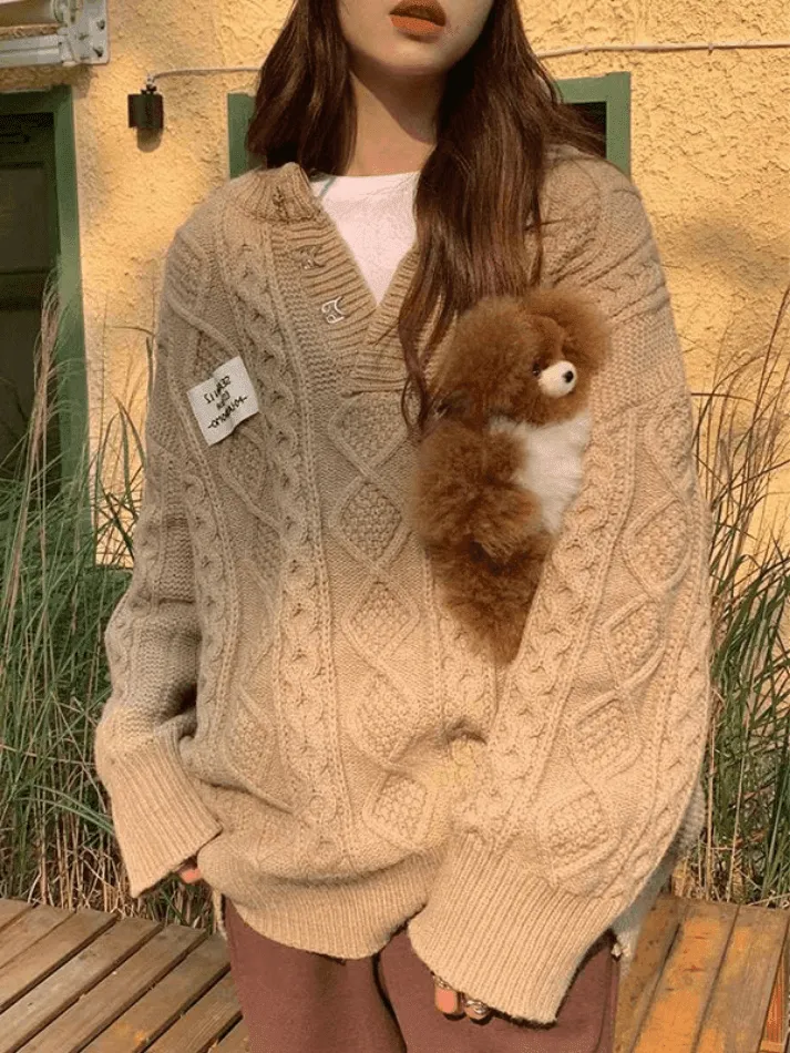Joskaa Oversized V Neck Cable Knit Sweater