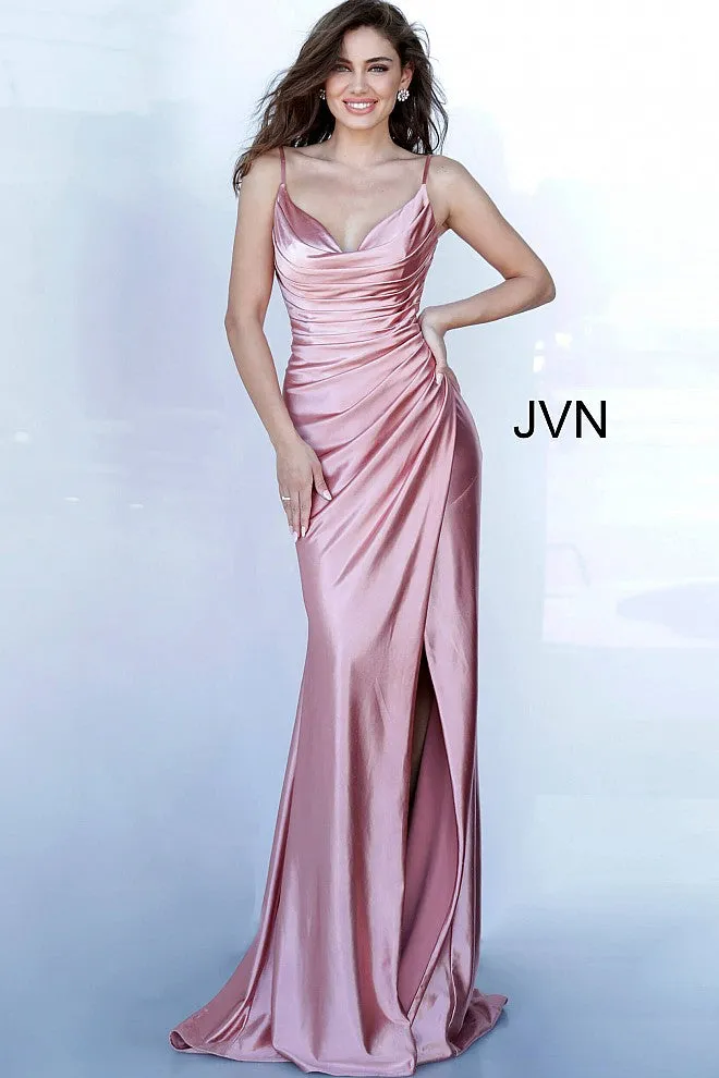 Jovani 03104 Long Fitted Ruched Satin Prom Dress Evening Gown Cowl Neck Gown