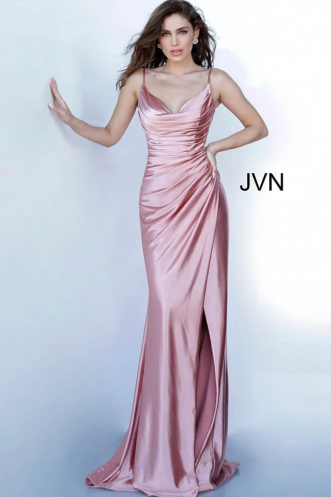 Jovani 03104 Long Fitted Ruched Satin Prom Dress Evening Gown Cowl Neck Gown