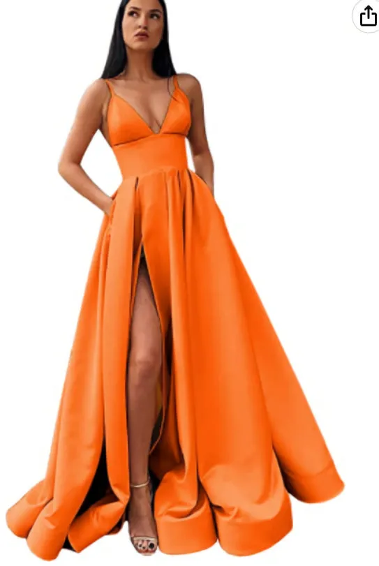 kamahe V-Neck Slit Satin Long Prom Dress Spaghetti Strap Evening Ball Gown with Pockets