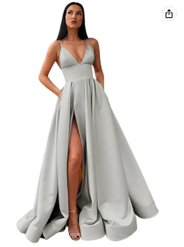 kamahe V-Neck Slit Satin Long Prom Dress Spaghetti Strap Evening Ball Gown with Pockets