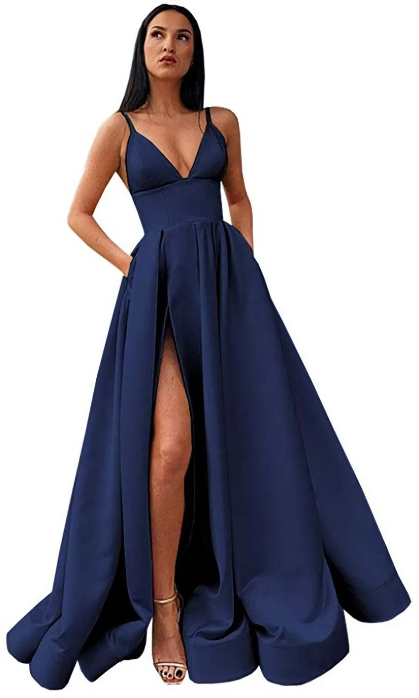 kamahe V-Neck Slit Satin Long Prom Dress Spaghetti Strap Evening Ball Gown with Pockets