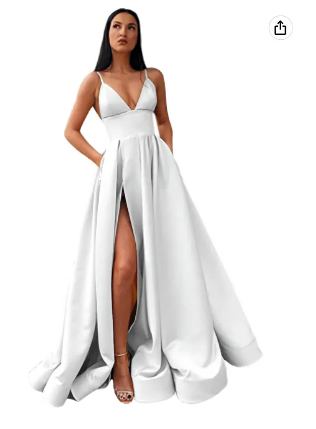 kamahe V-Neck Slit Satin Long Prom Dress Spaghetti Strap Evening Ball Gown with Pockets