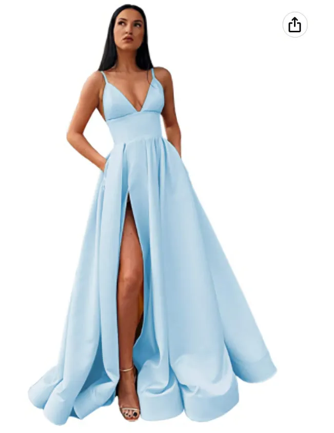 kamahe V-Neck Slit Satin Long Prom Dress Spaghetti Strap Evening Ball Gown with Pockets