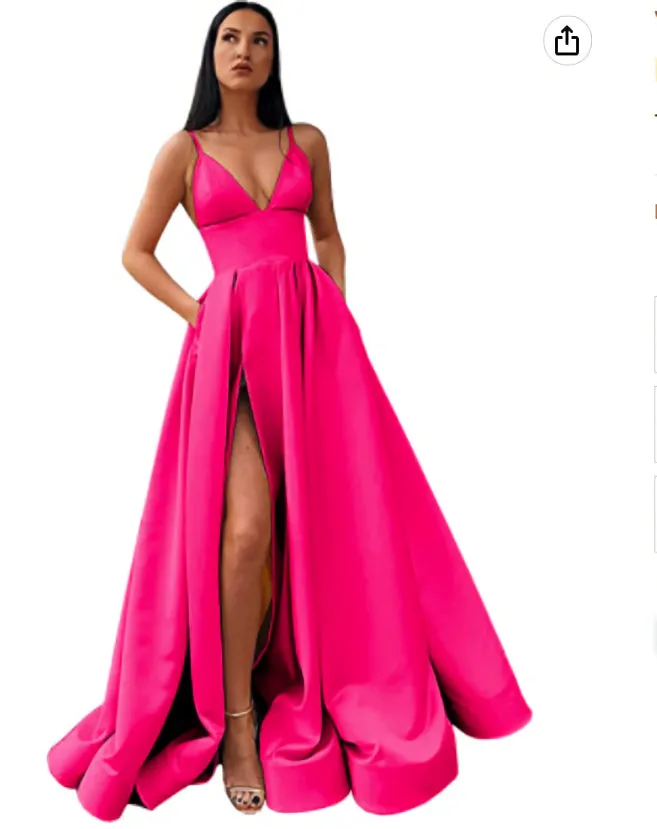 kamahe V-Neck Slit Satin Long Prom Dress Spaghetti Strap Evening Ball Gown with Pockets