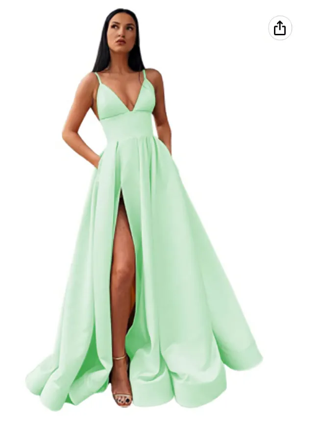kamahe V-Neck Slit Satin Long Prom Dress Spaghetti Strap Evening Ball Gown with Pockets