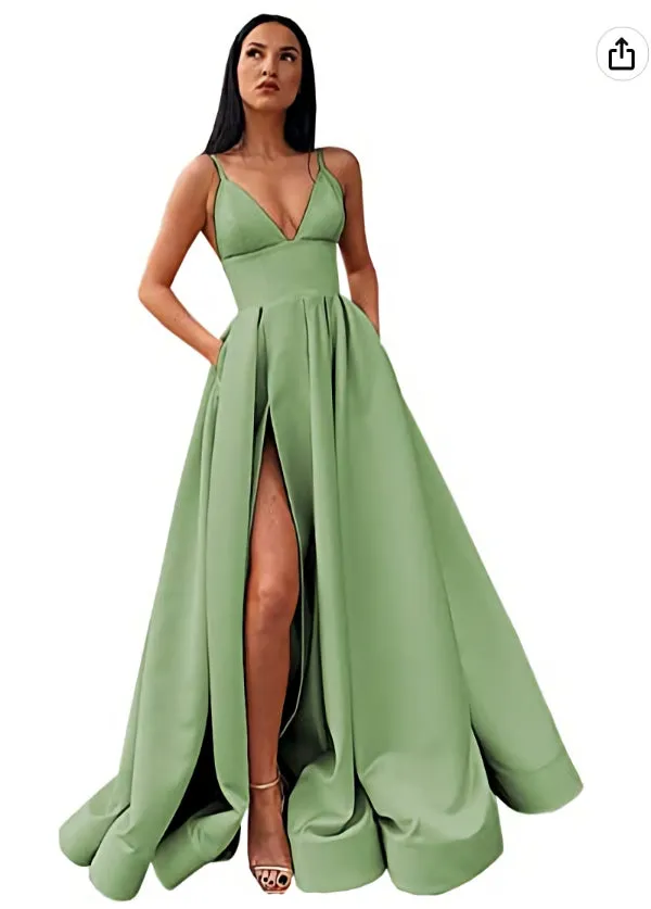 kamahe V-Neck Slit Satin Long Prom Dress Spaghetti Strap Evening Ball Gown with Pockets
