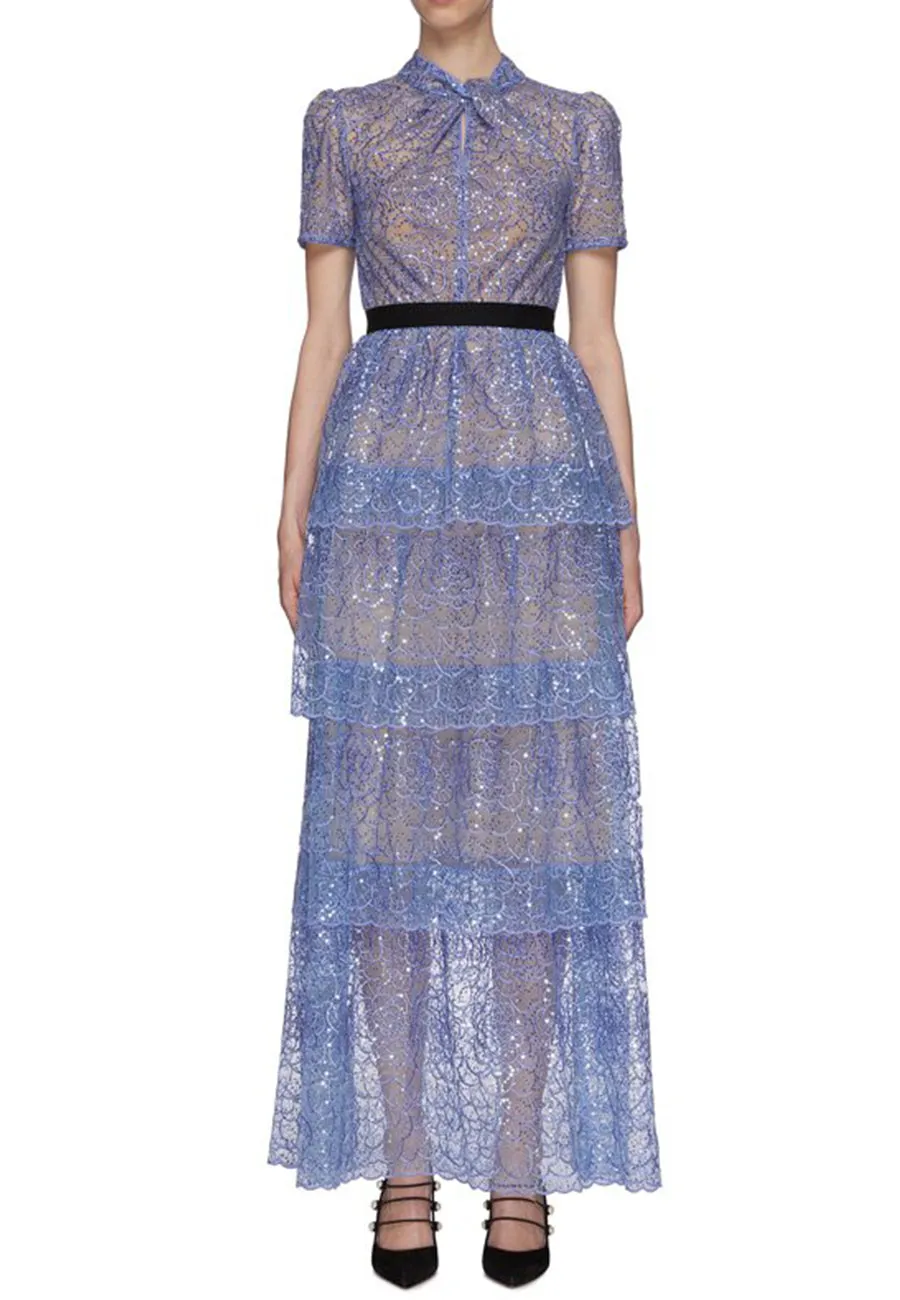 Lilac Short Sleeves Floral Lace Tiered Maxi Dress
