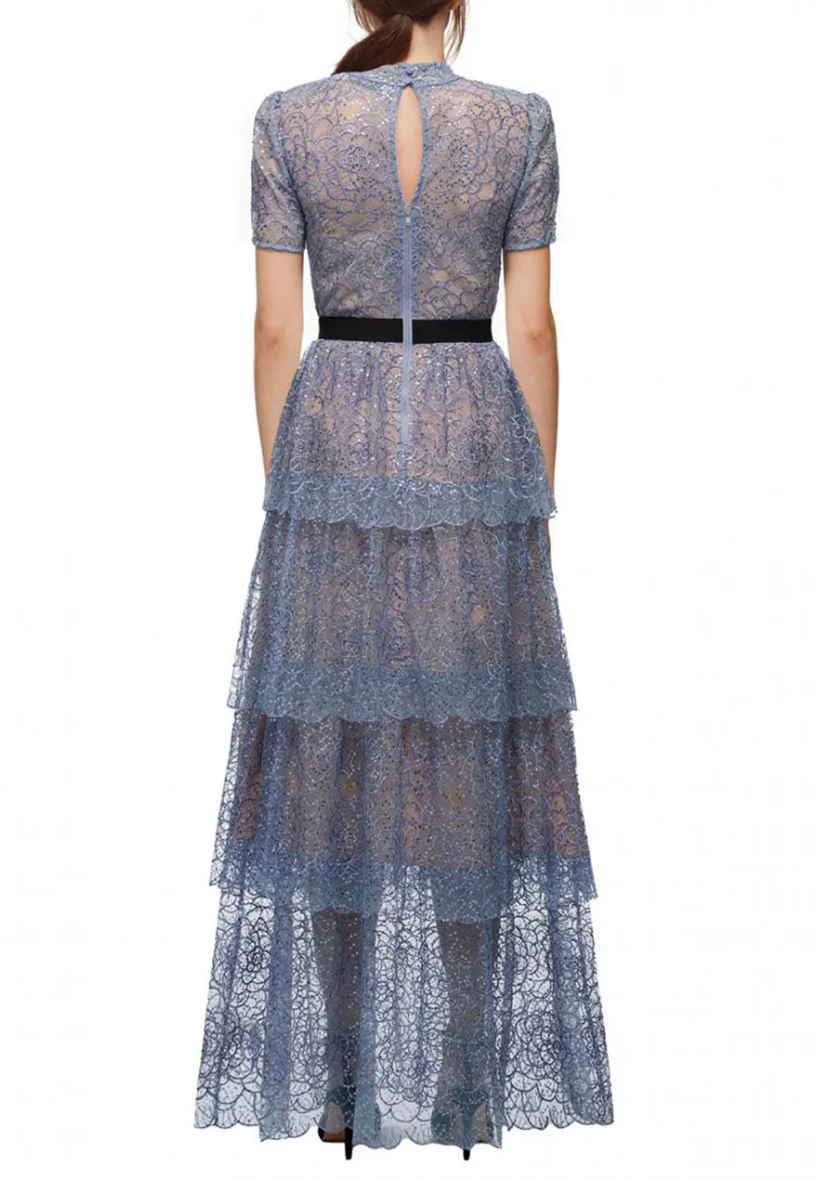 Lilac Short Sleeves Floral Lace Tiered Maxi Dress