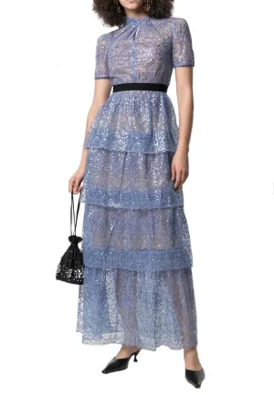 Lilac Short Sleeves Floral Lace Tiered Maxi Dress