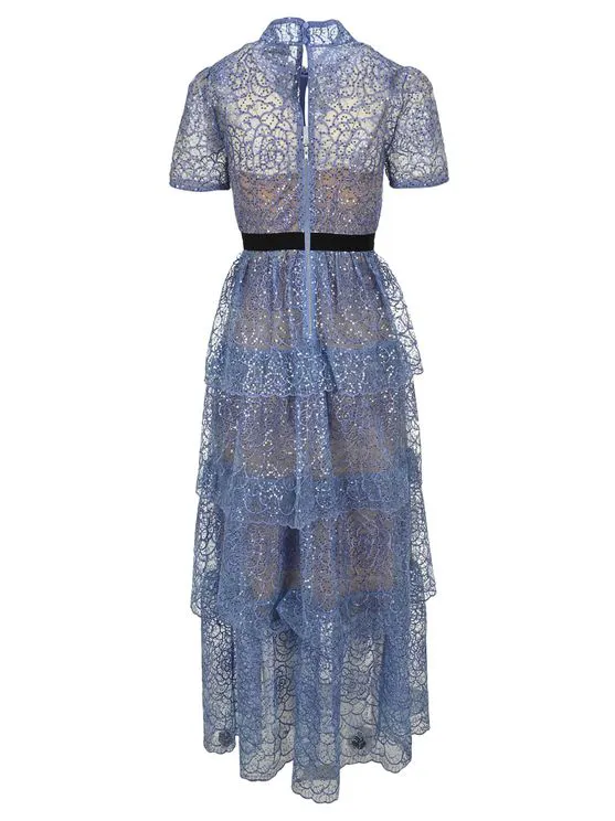 Lilac Short Sleeves Floral Lace Tiered Maxi Dress