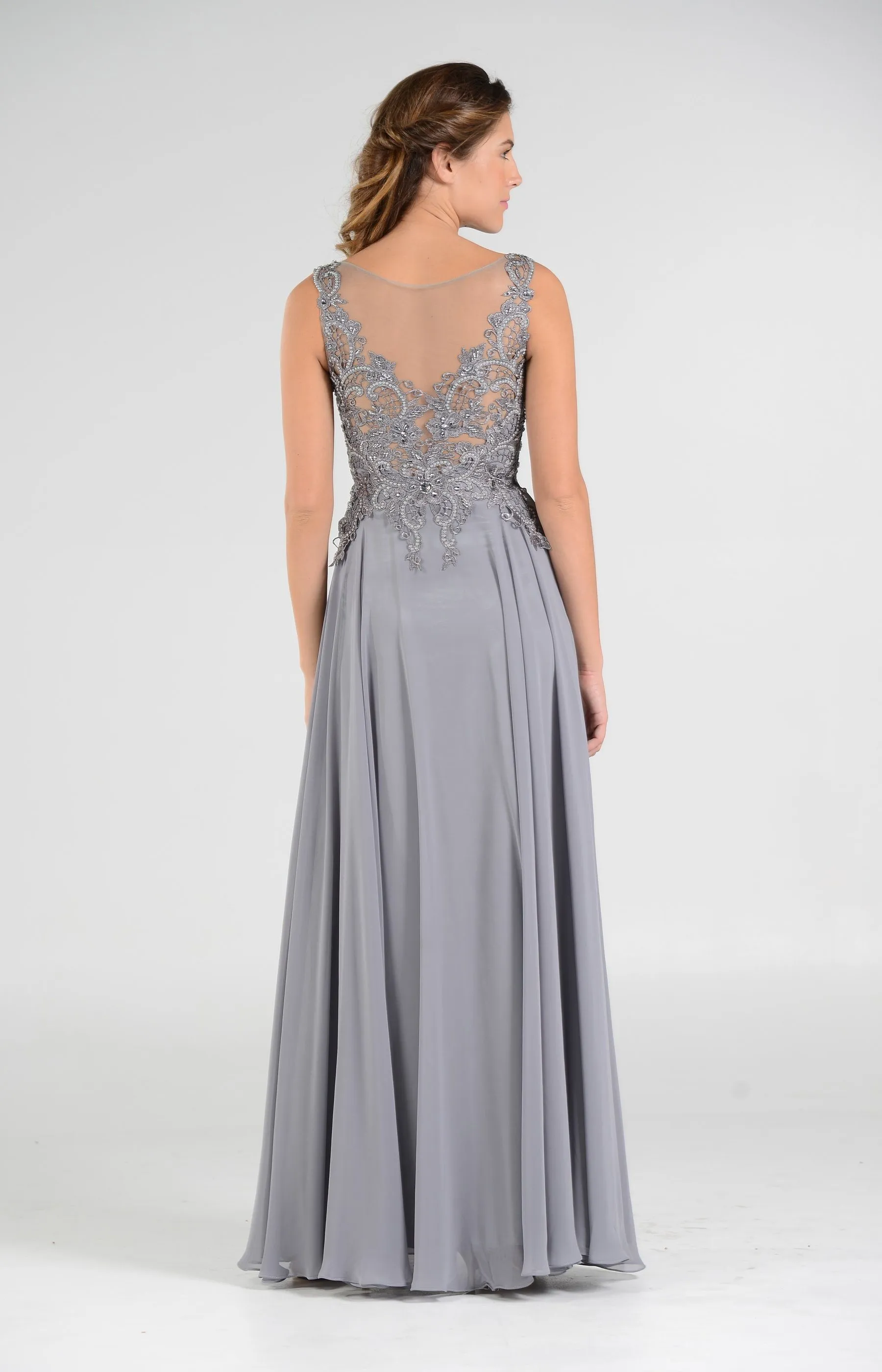 Long Chiffon Dress with Lace Applique Bodice by Poly USA 7644