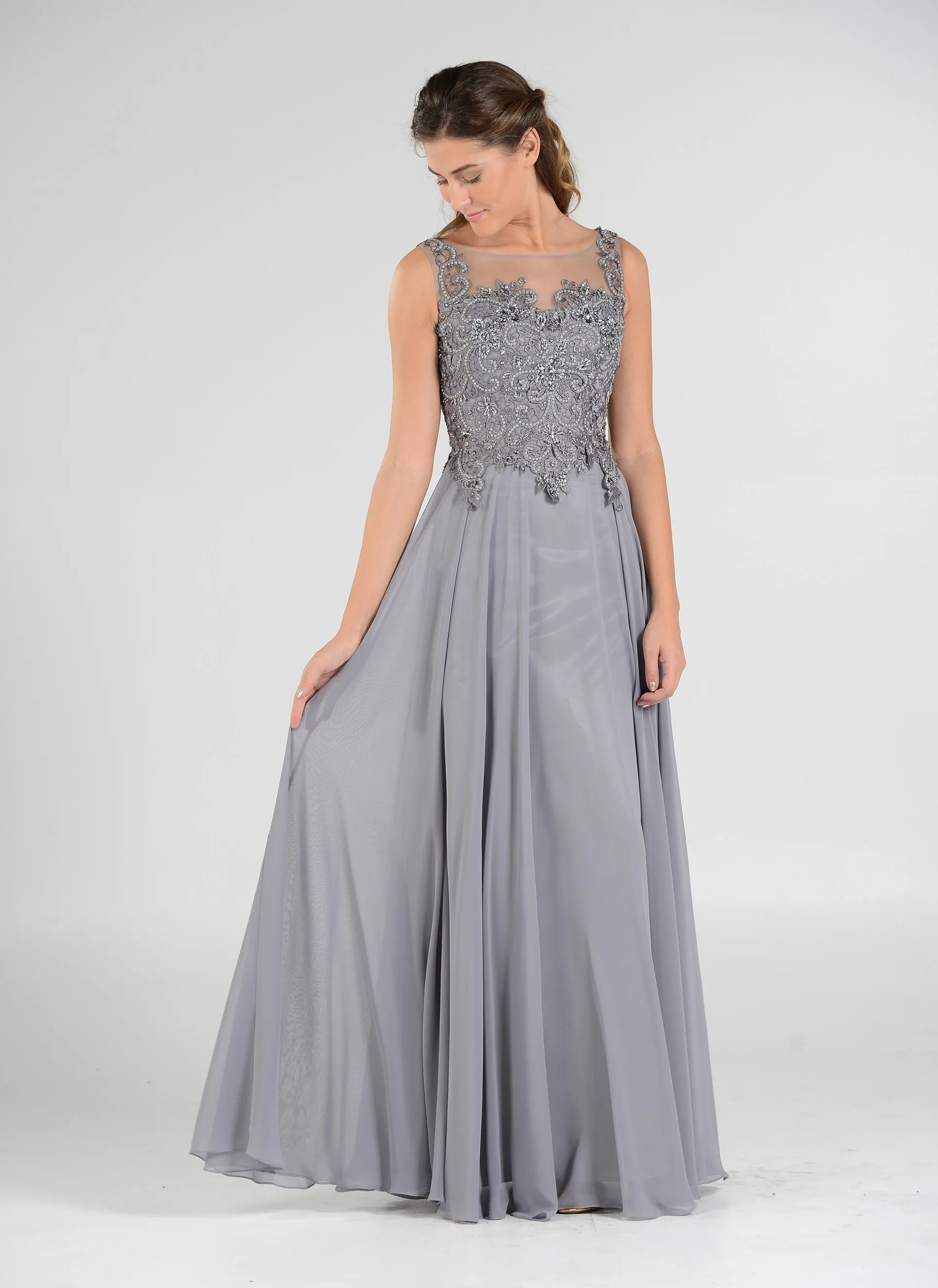 Long Chiffon Dress with Lace Applique Bodice by Poly USA 7644