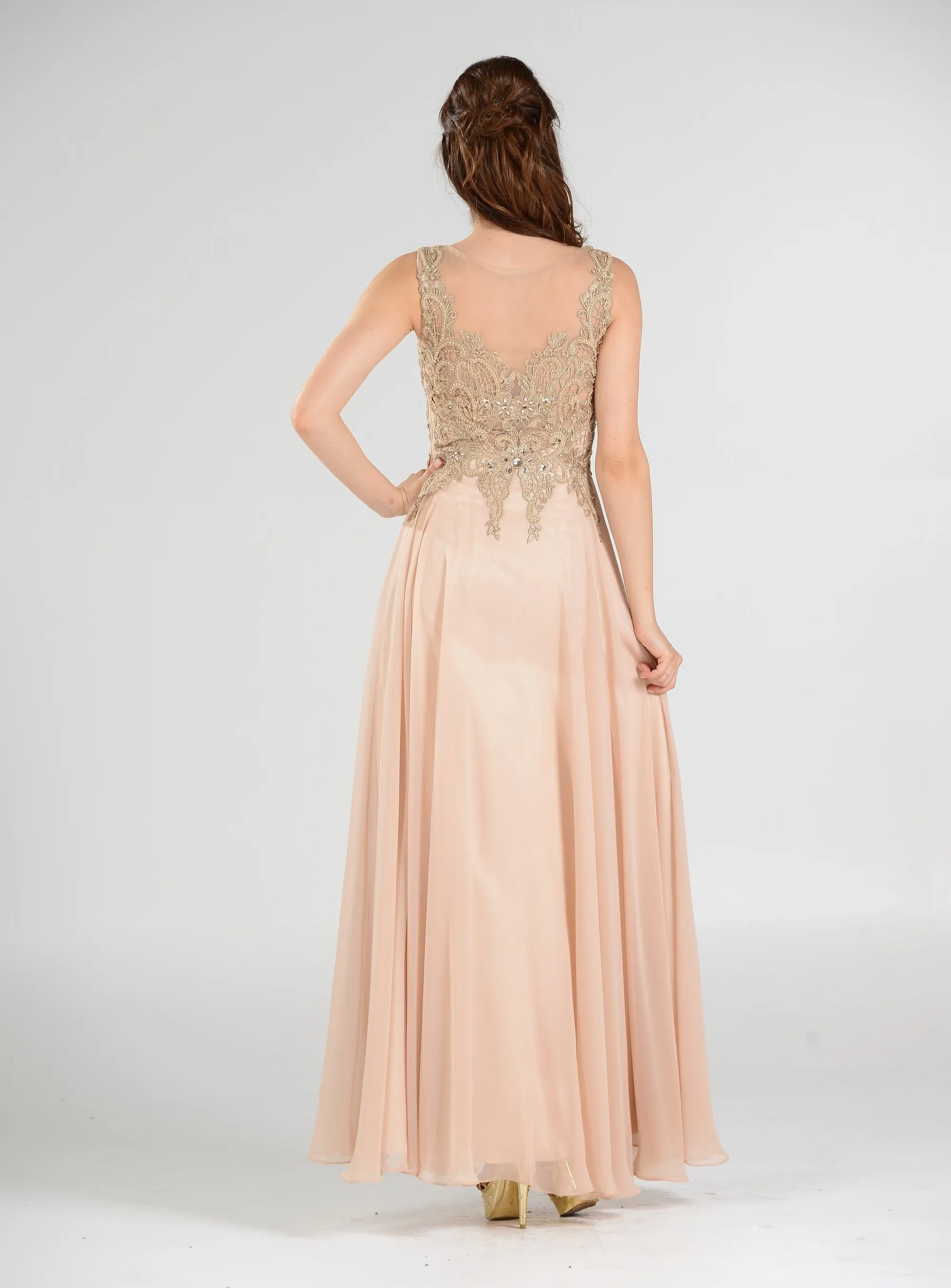 Long Chiffon Dress with Lace Applique Bodice by Poly USA 7644