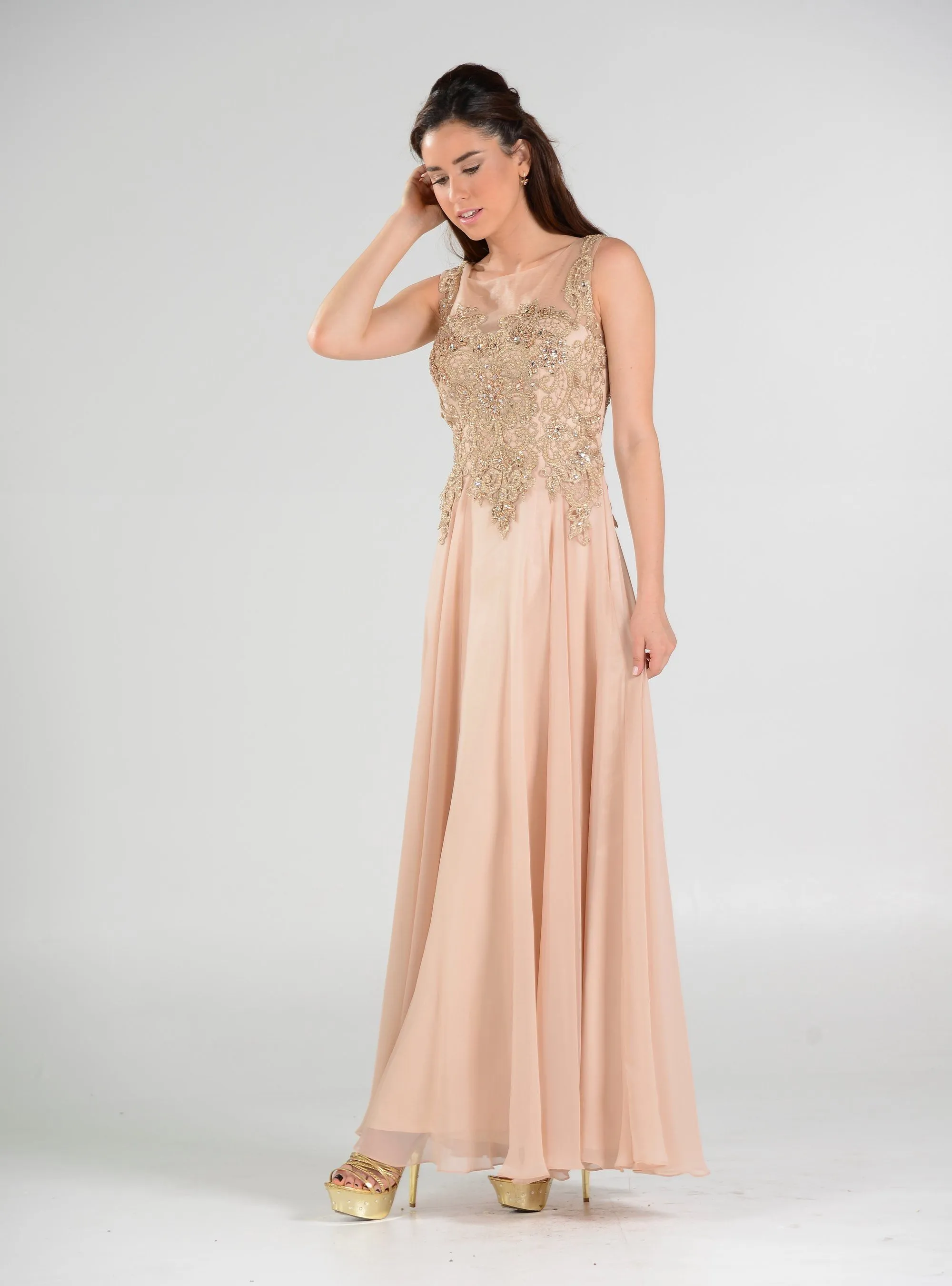 Long Chiffon Dress with Lace Applique Bodice by Poly USA 7644