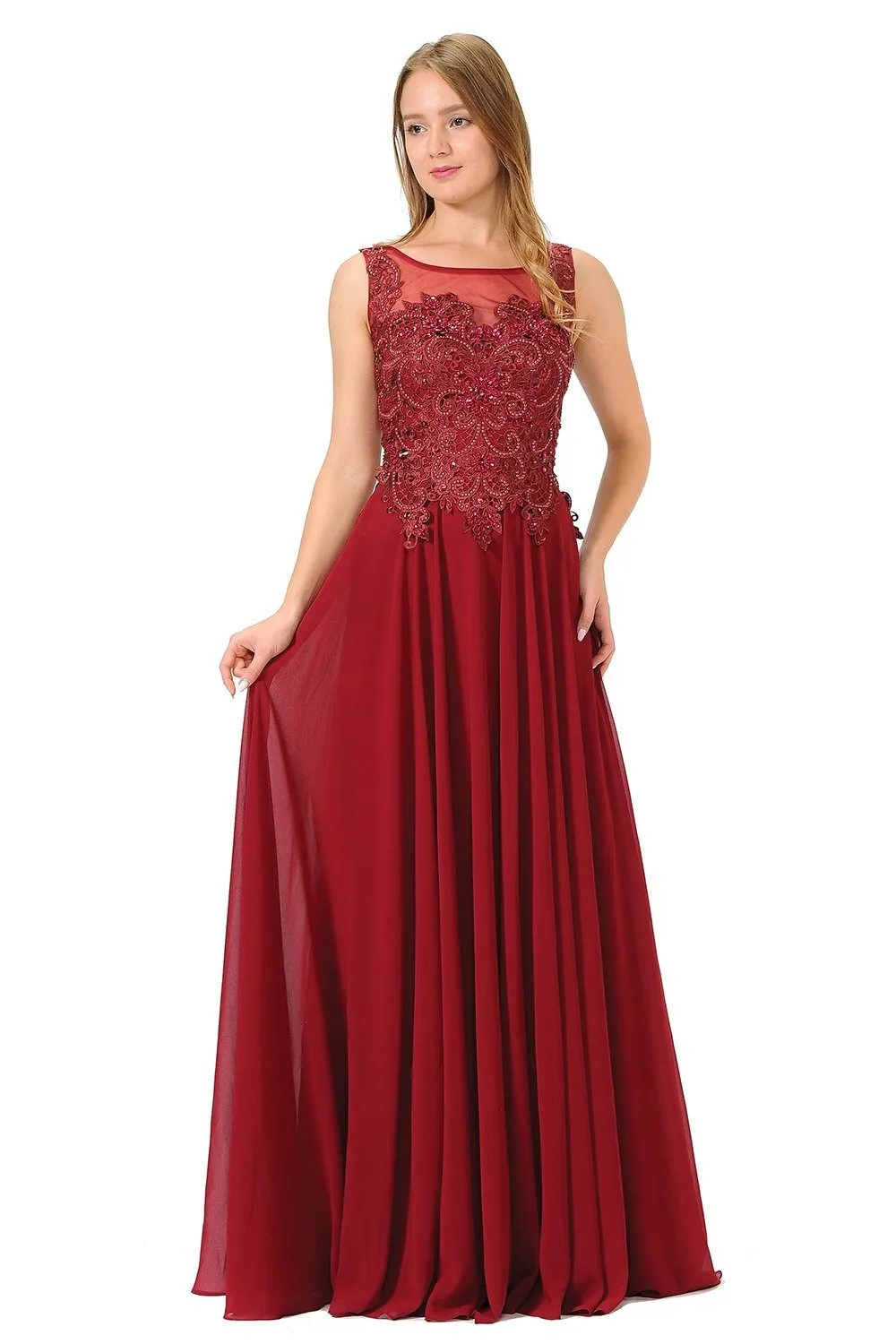 Long Chiffon Dress with Lace Applique Bodice by Poly USA 7644