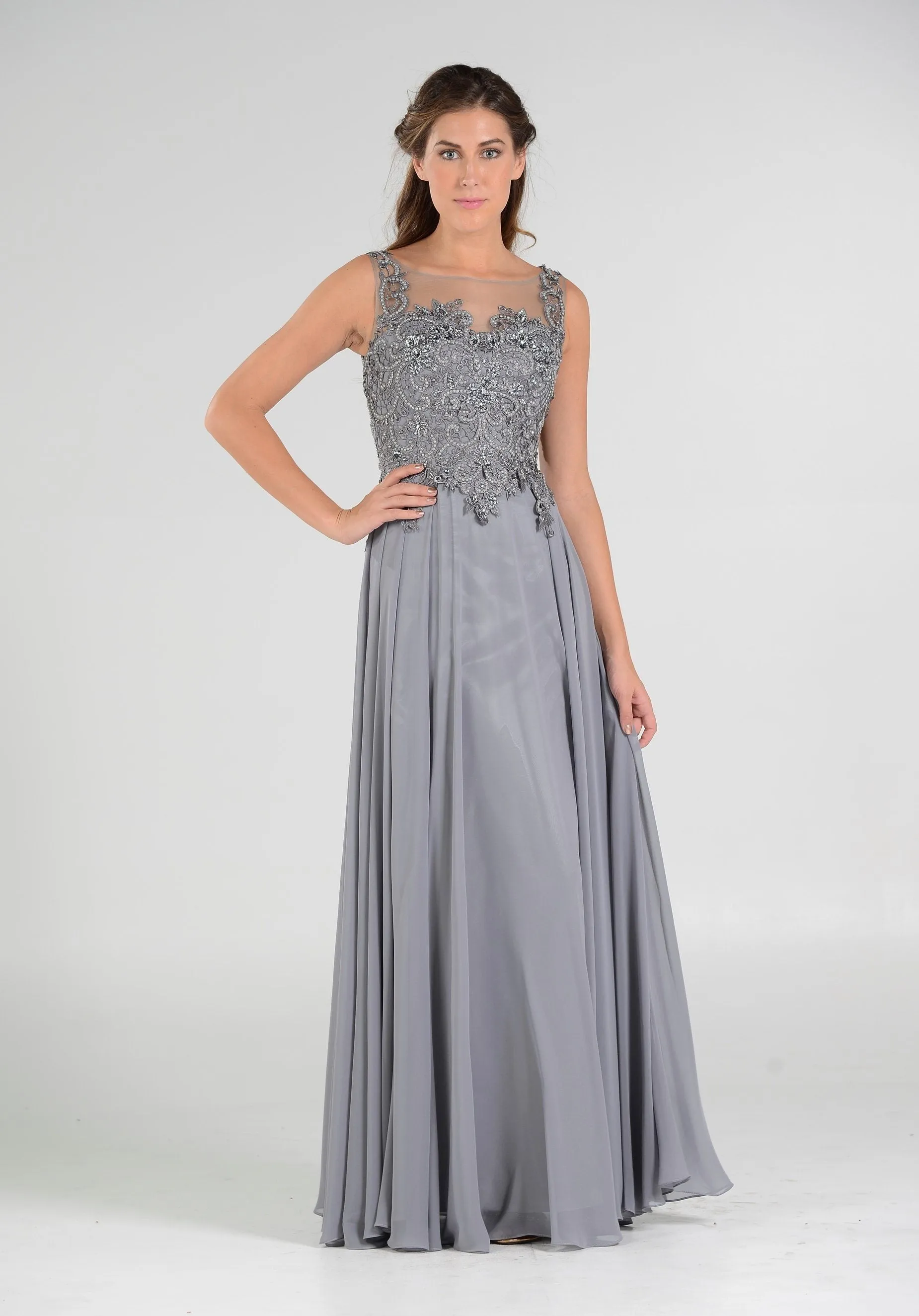 Long Chiffon Dress with Lace Applique Bodice by Poly USA 7644