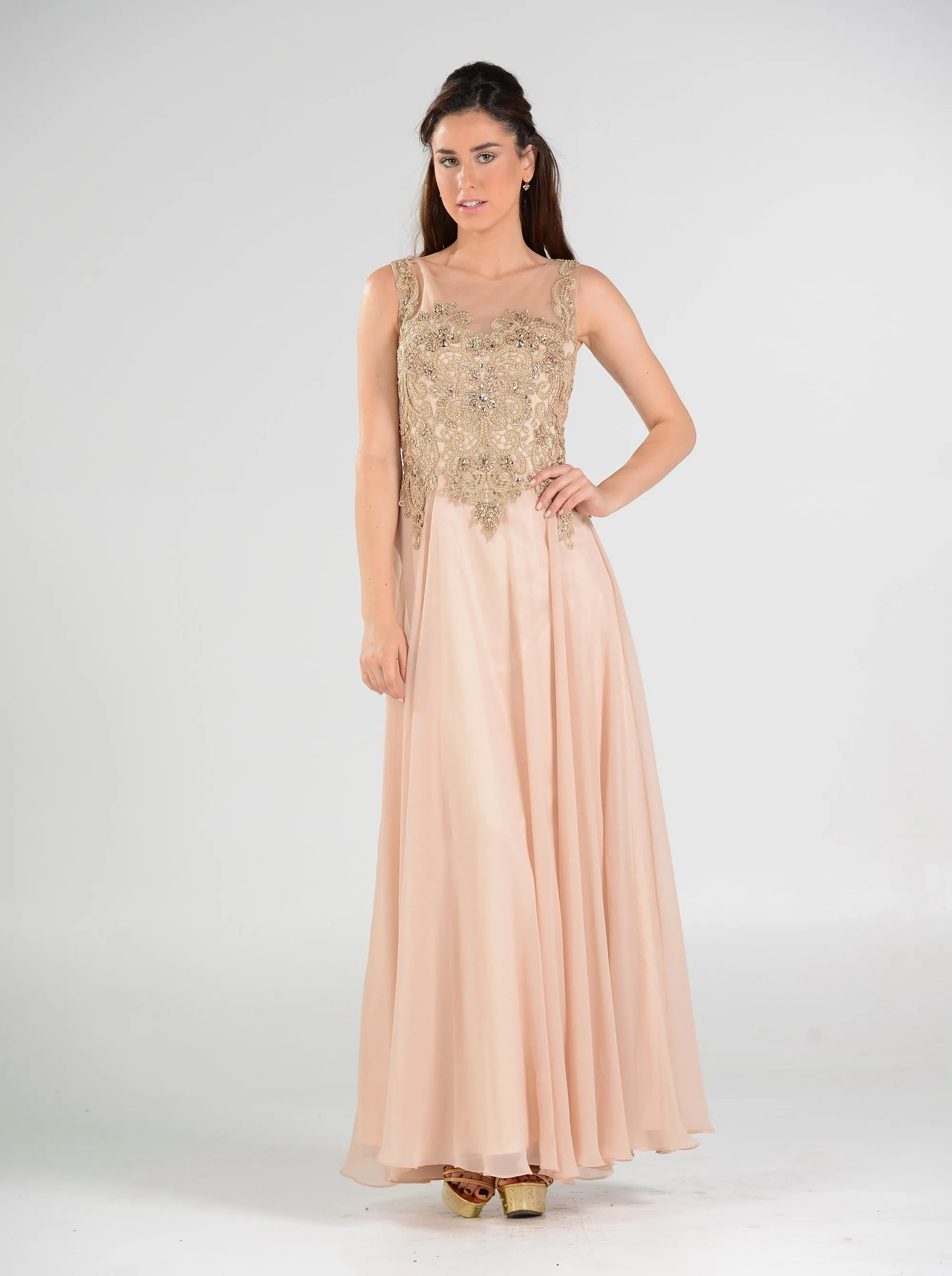 Long Chiffon Dress with Lace Applique Bodice by Poly USA 7644