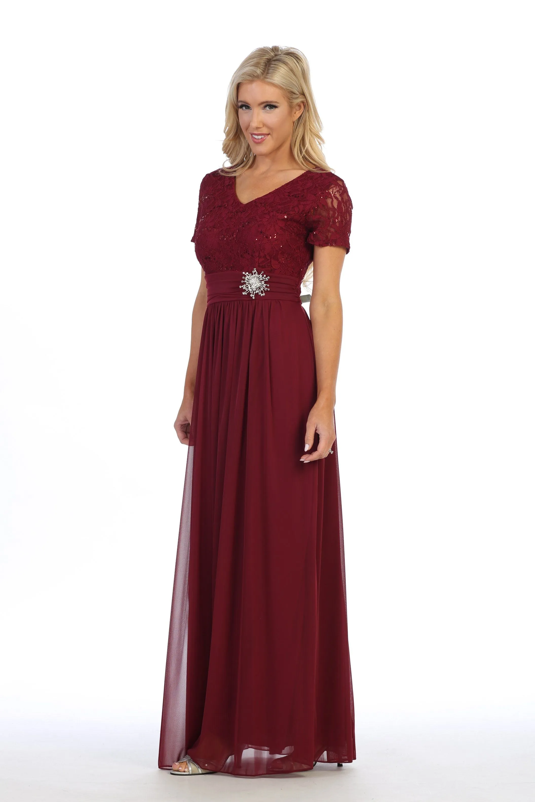 Long Lace Bodice Dress with Short Sleeves by Celavie 6320L
