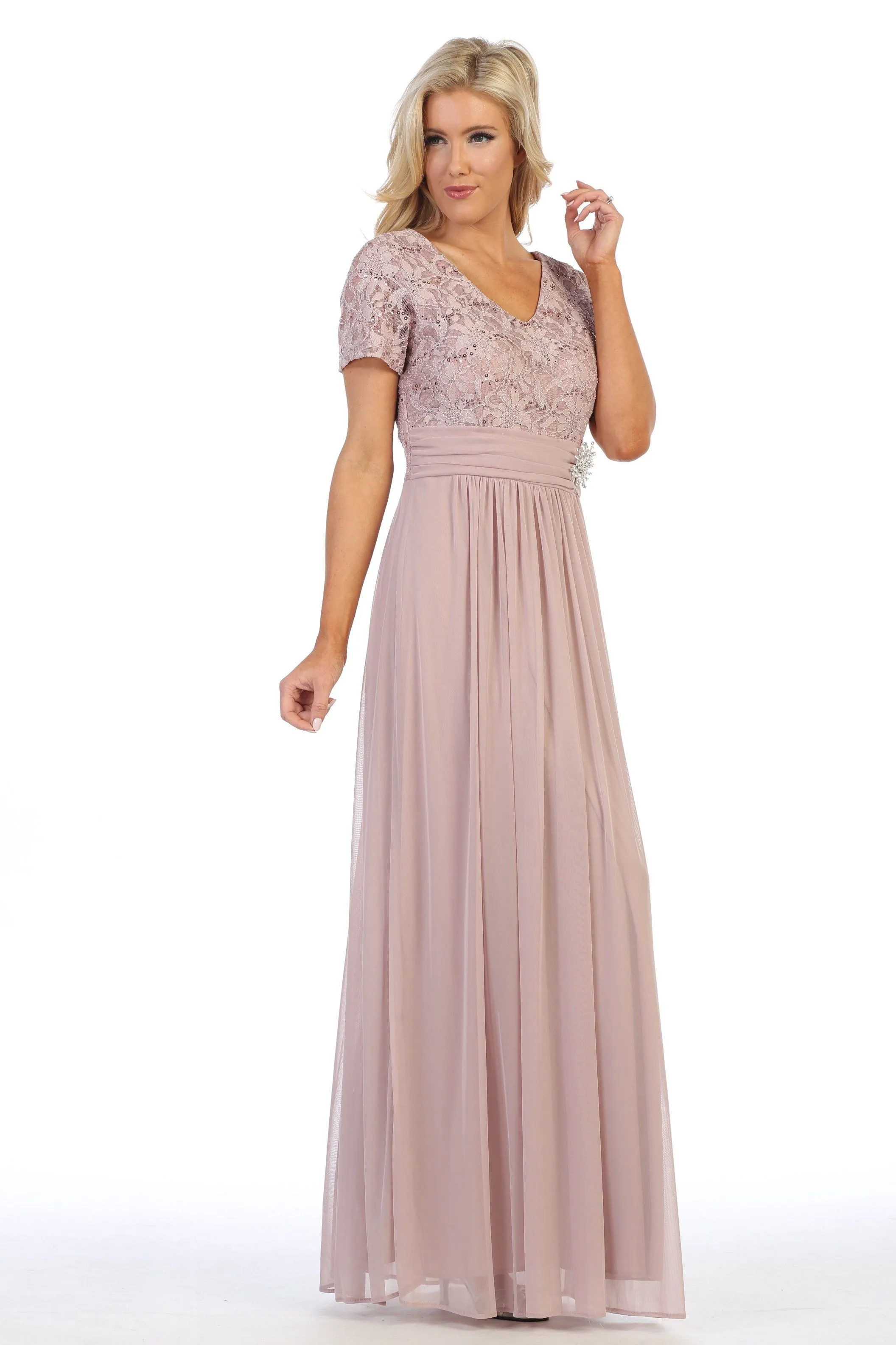 Long Lace Bodice Dress with Short Sleeves by Celavie 6320L