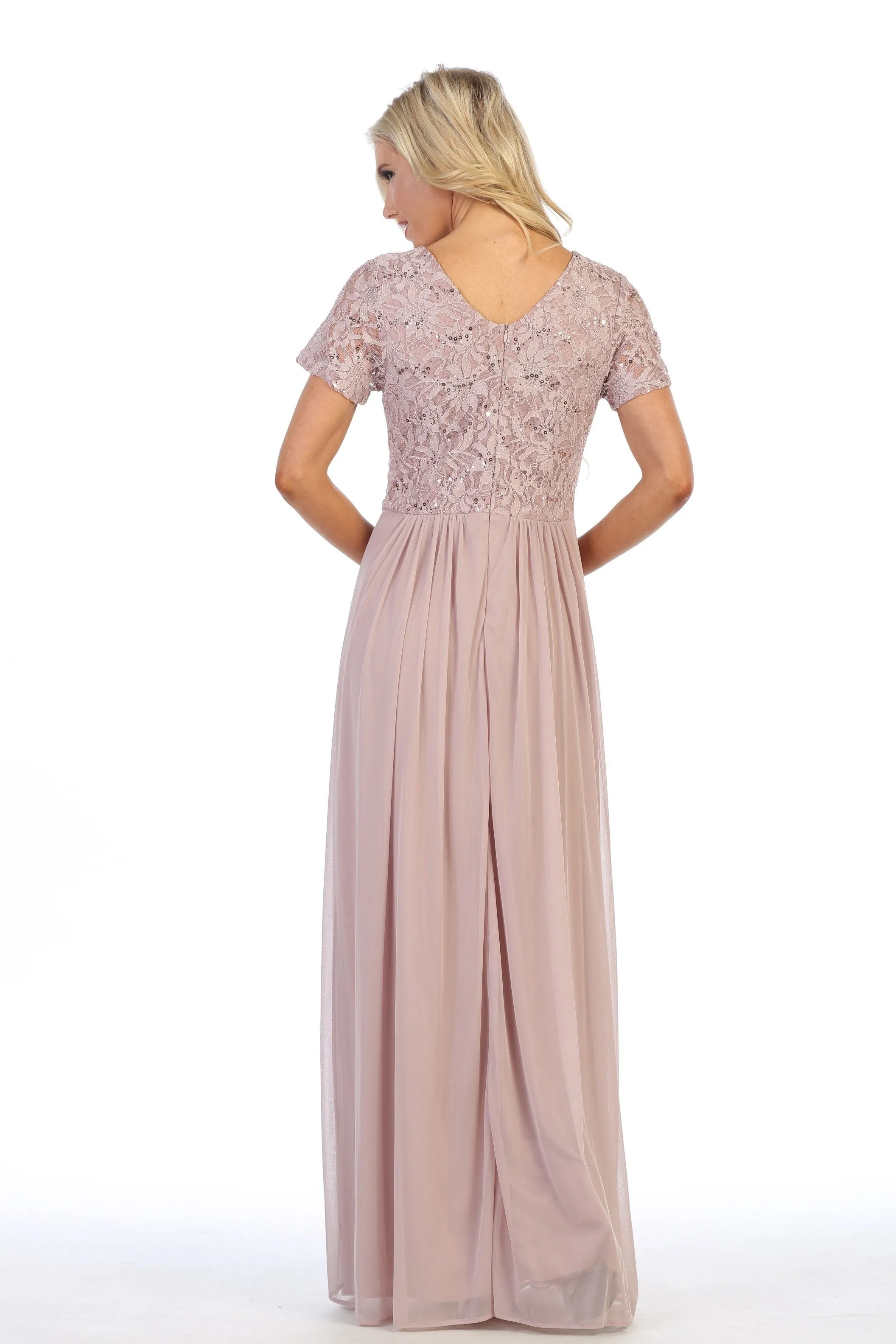 Long Lace Bodice Dress with Short Sleeves by Celavie 6320L