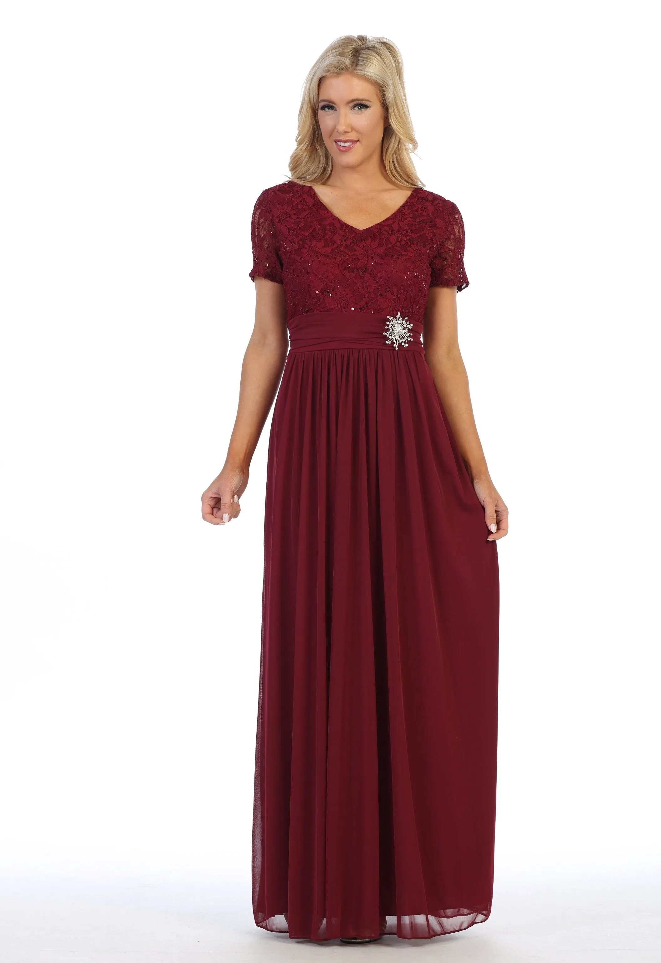 Long Lace Bodice Dress with Short Sleeves by Celavie 6320L