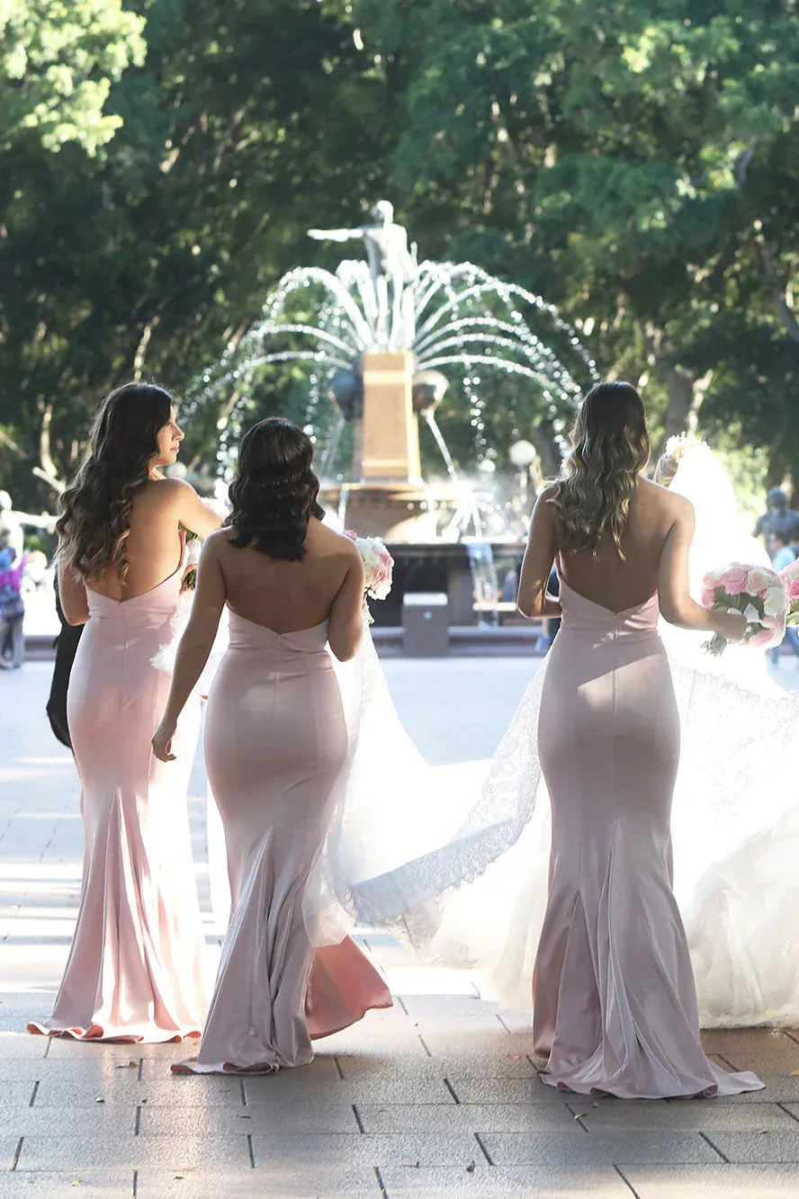 Luolandi Mermaid Strapless Blush Pink Satin Bridesmaid Dresses Long Elegant Party Dresses