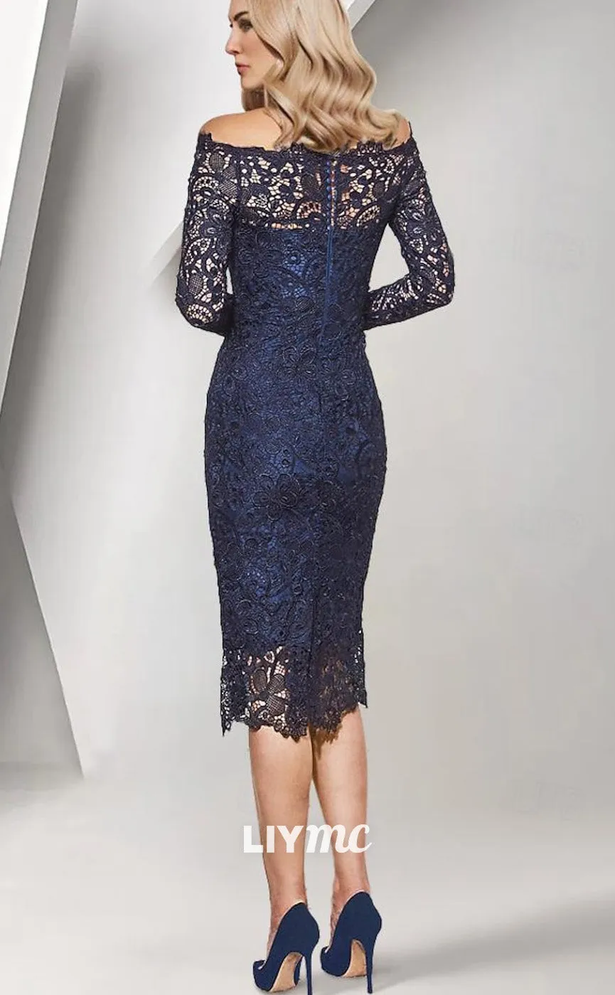 M1092 - Wedding Guest Formal Wedding Square Neck Off Shoulder Tea Length Lace Long Sleeve with Lace Flower
