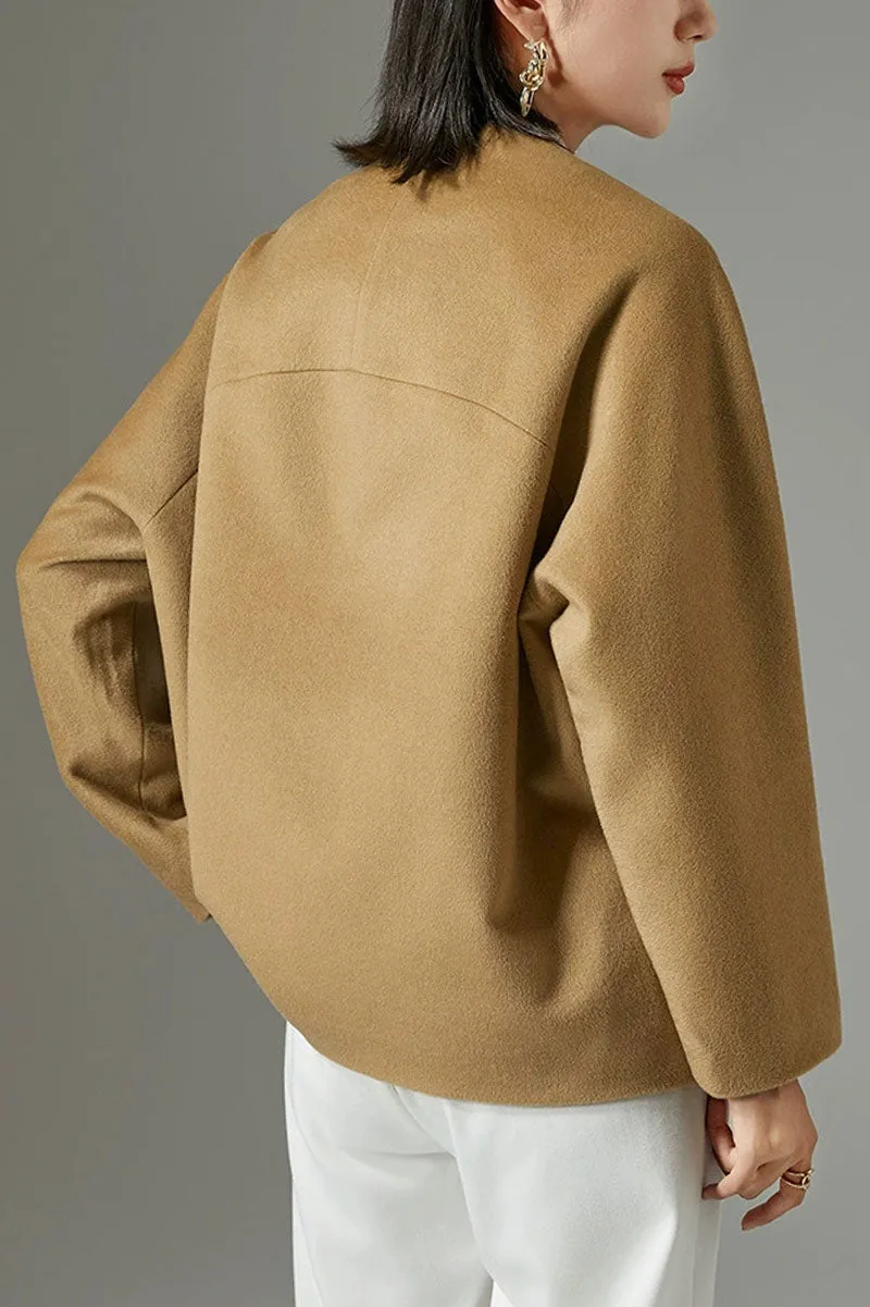Minimalist Collarless Cashmere-Wool Jacket with Metal Buttons