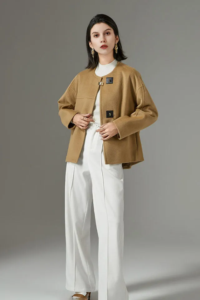 Minimalist Collarless Cashmere-Wool Jacket with Metal Buttons