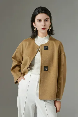 Minimalist Collarless Cashmere-Wool Jacket with Metal Buttons