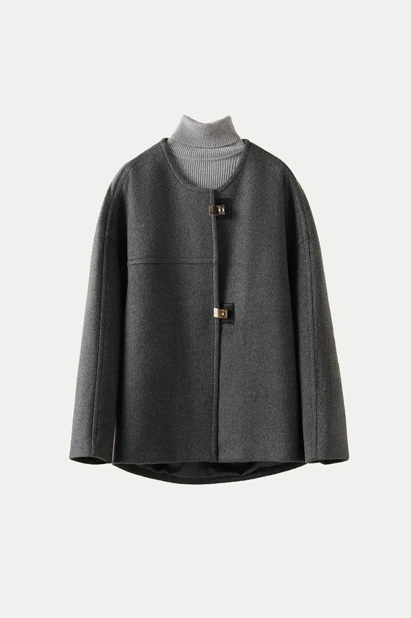 Minimalist Collarless Cashmere-Wool Jacket with Metal Buttons