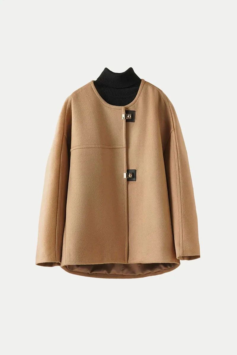 Minimalist Collarless Cashmere-Wool Jacket with Metal Buttons