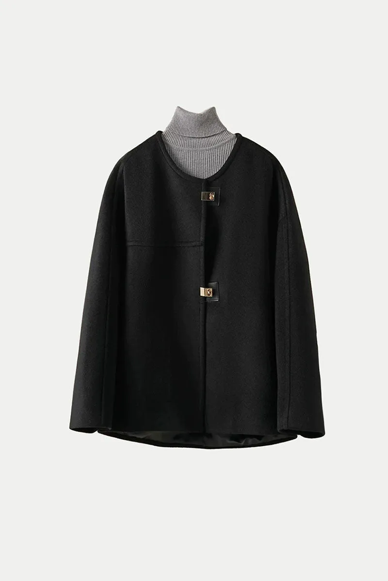 Minimalist Collarless Cashmere-Wool Jacket with Metal Buttons