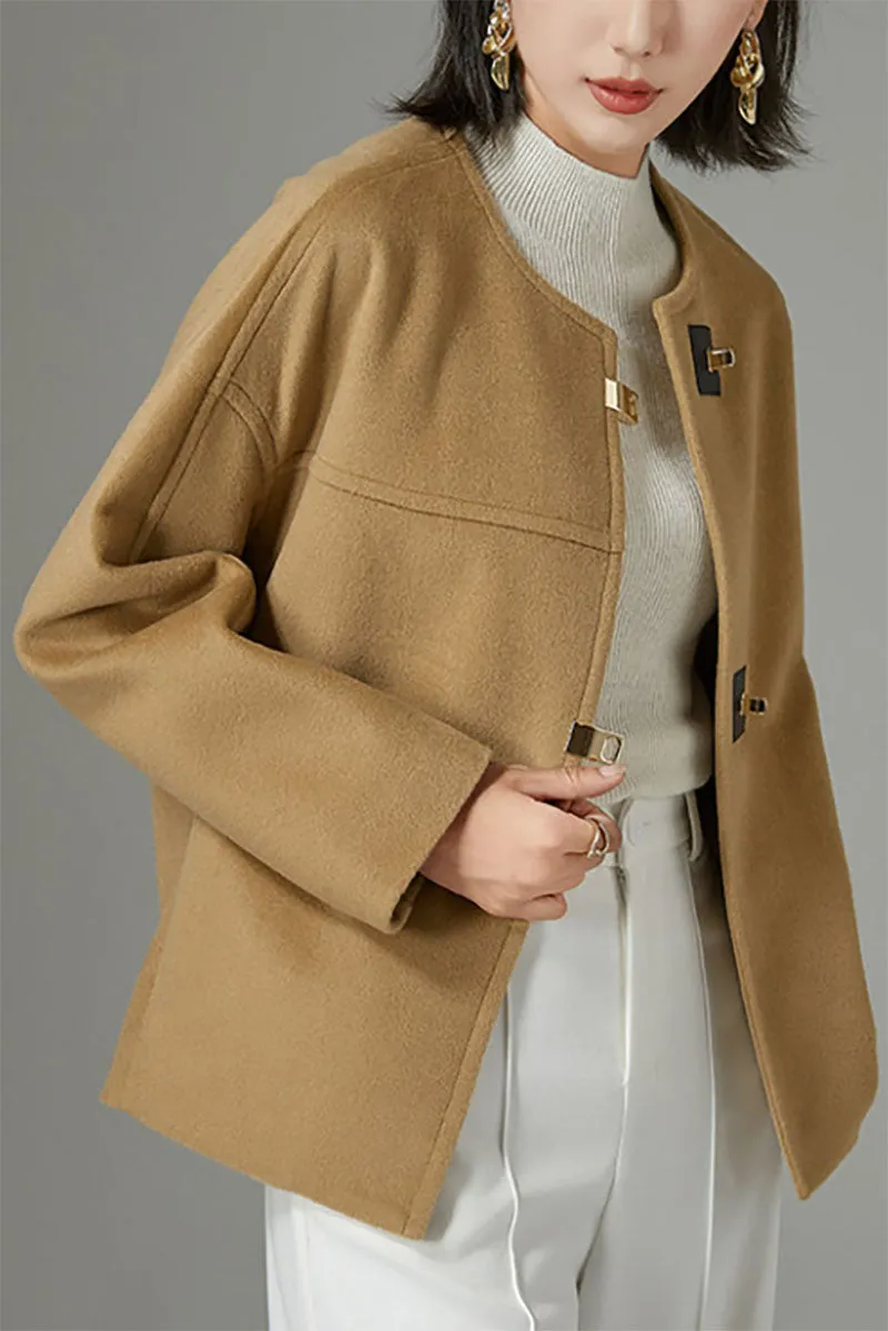 Minimalist Collarless Cashmere-Wool Jacket with Metal Buttons