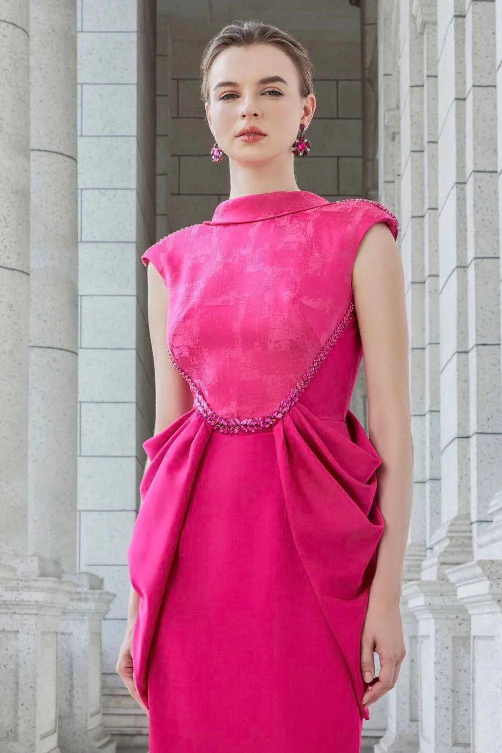 Muse Sheath Cap Sleeved Satin Floor Length Dress