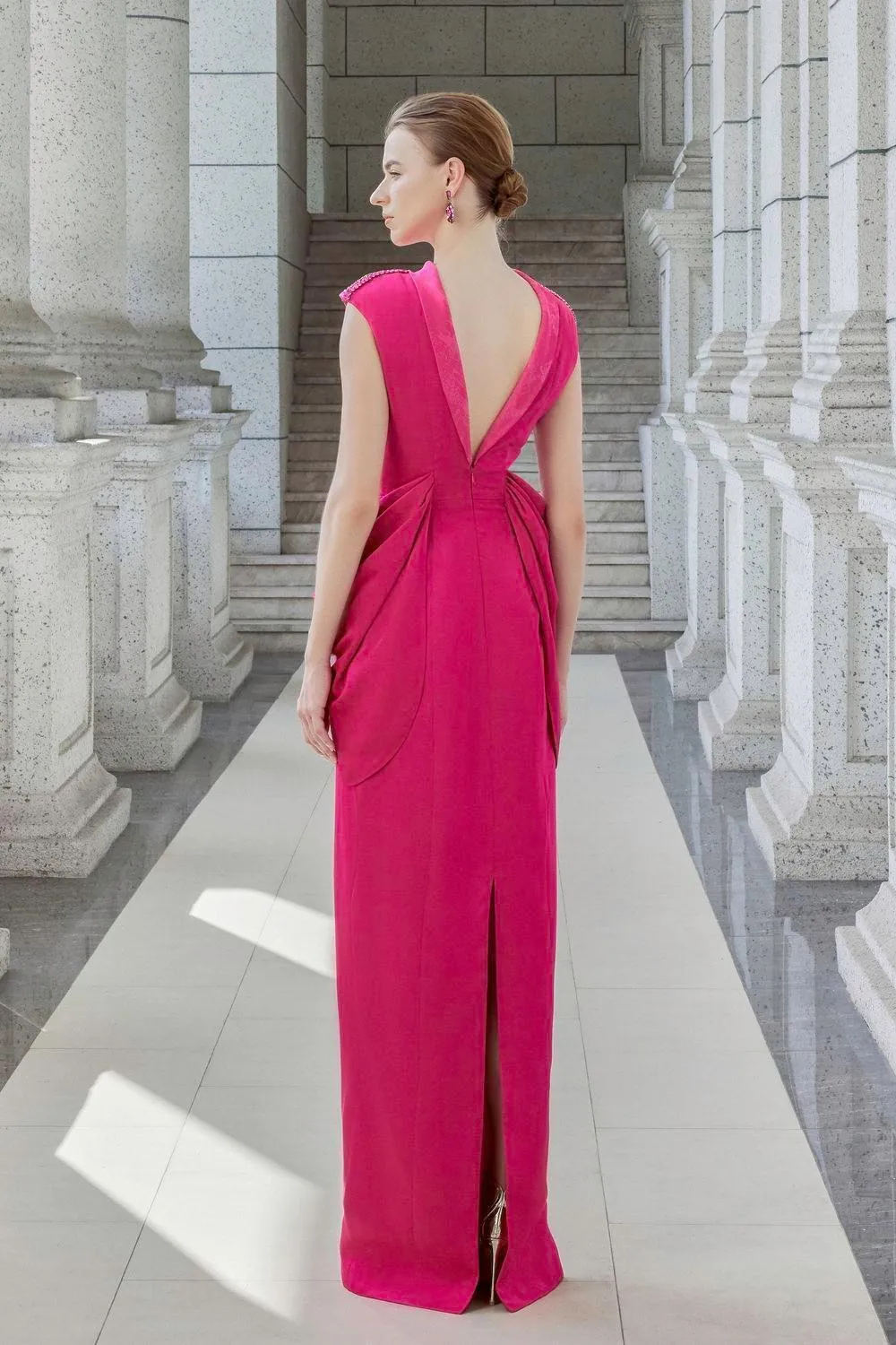 Muse Sheath Cap Sleeved Satin Floor Length Dress