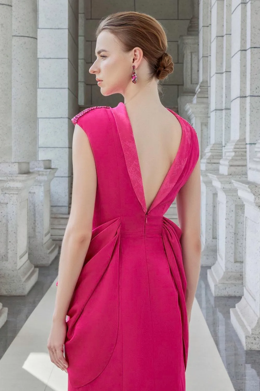 Muse Sheath Cap Sleeved Satin Floor Length Dress