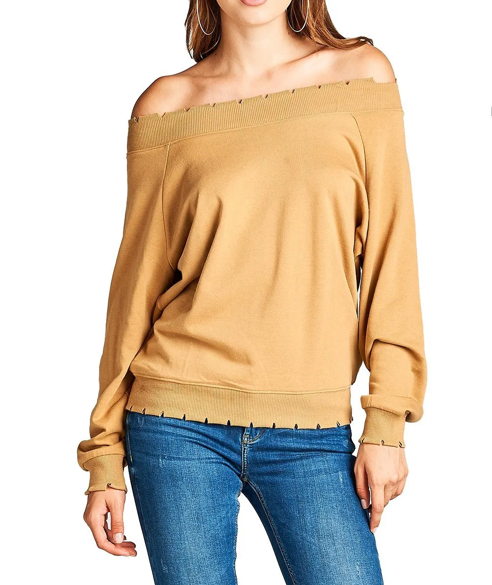Plain Oversized Long Sleeve Lightly Distressed Ribbed Hem Knit Pullover Sweater Top