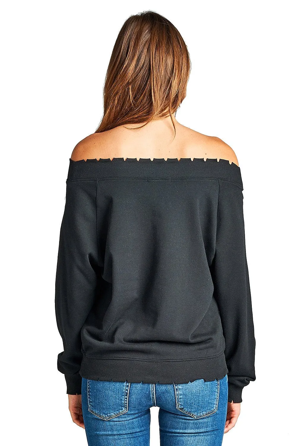 Plain Oversized Long Sleeve Lightly Distressed Ribbed Hem Knit Pullover Sweater Top