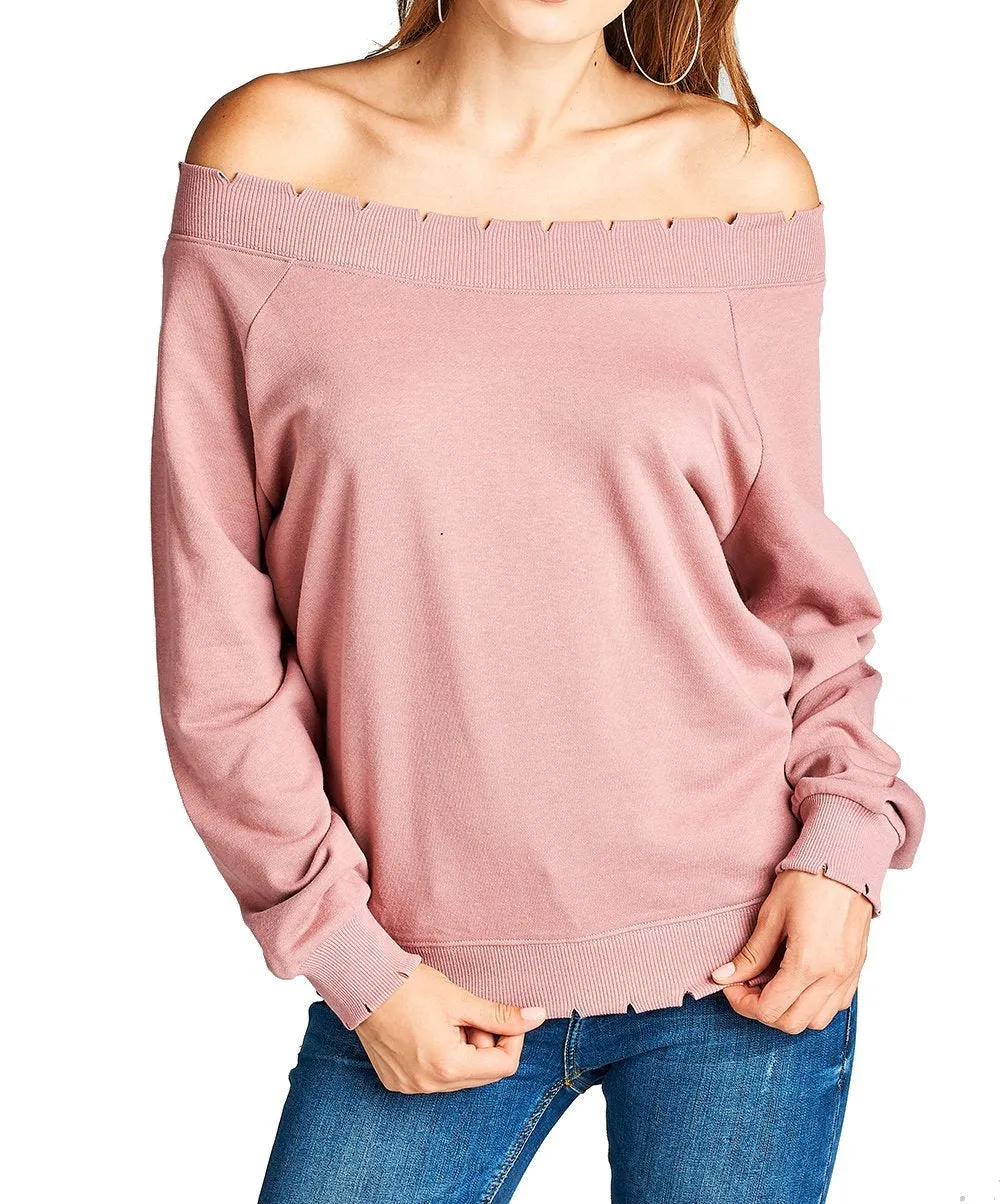 Plain Oversized Long Sleeve Lightly Distressed Ribbed Hem Knit Pullover Sweater Top