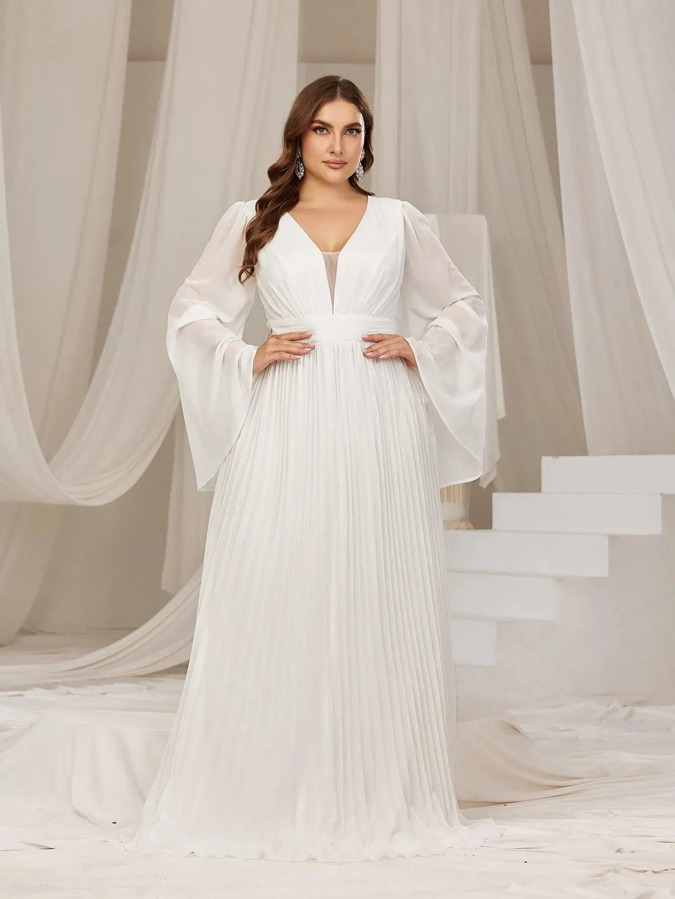 Plus Flared Sleeves Pleated Chiffon Formal Dresses