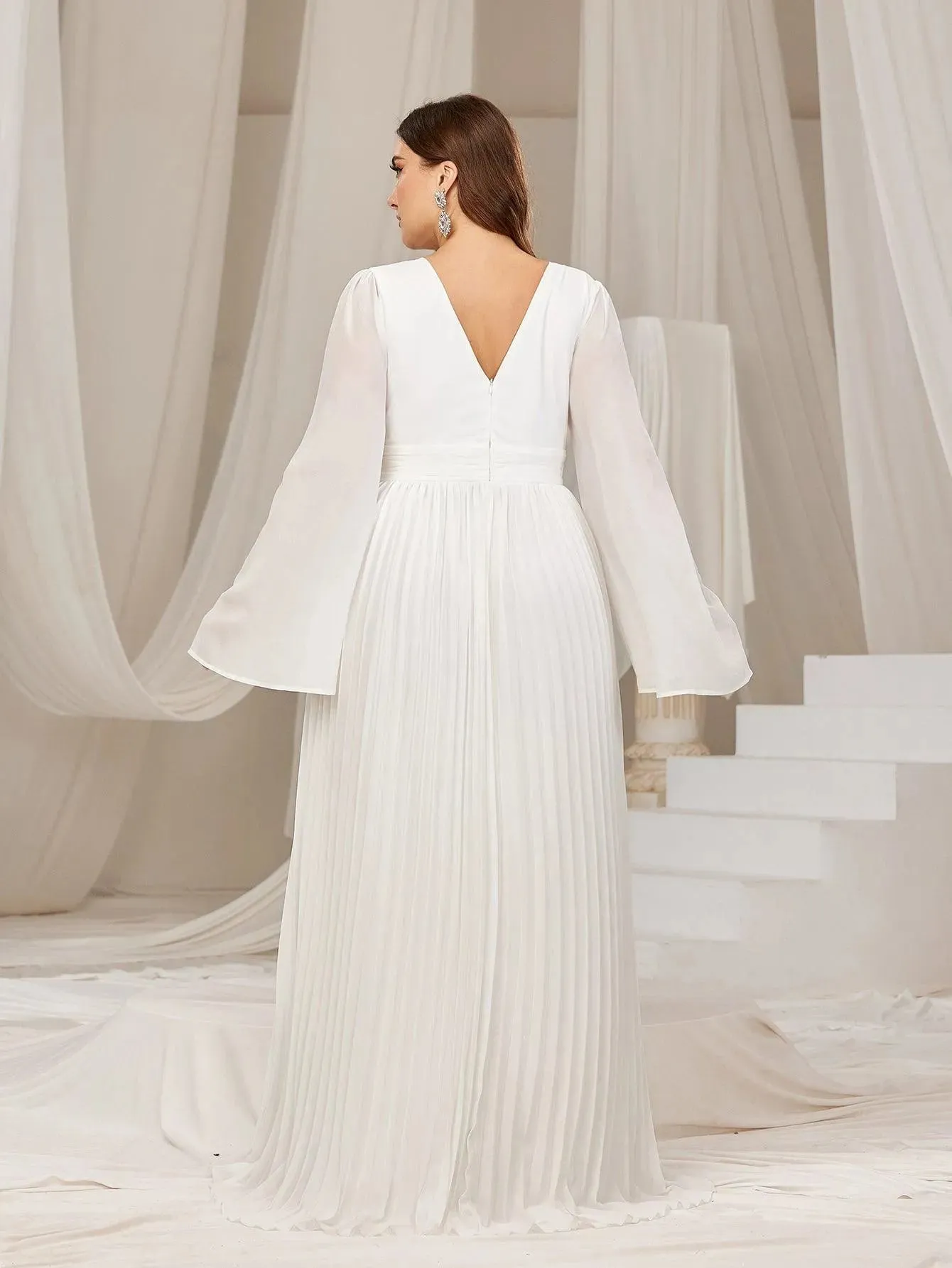 Plus Flared Sleeves Pleated Chiffon Formal Dresses