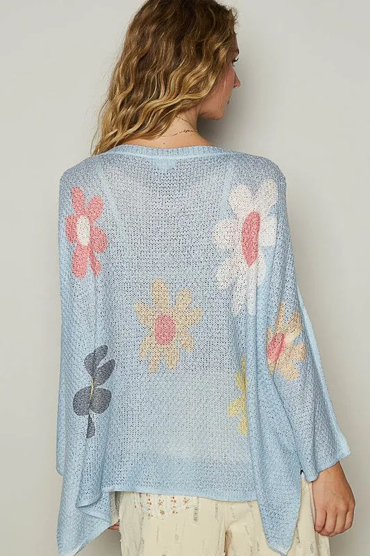 POL Daisy Colorful Retro Contrast Flower Top Oversized Shirt Pullover Knit Sweater