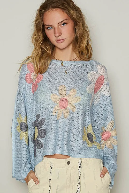 POL Daisy Colorful Retro Contrast Flower Top Oversized Shirt Pullover Knit Sweater