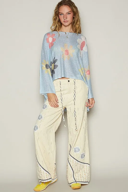 POL Daisy Colorful Retro Contrast Flower Top Oversized Shirt Pullover Knit Sweater
