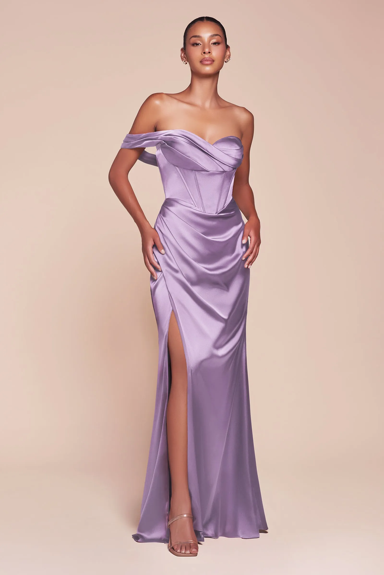 Satin Fitted One Shoulder Slit Gown by Ladivine 7448 - Outlet